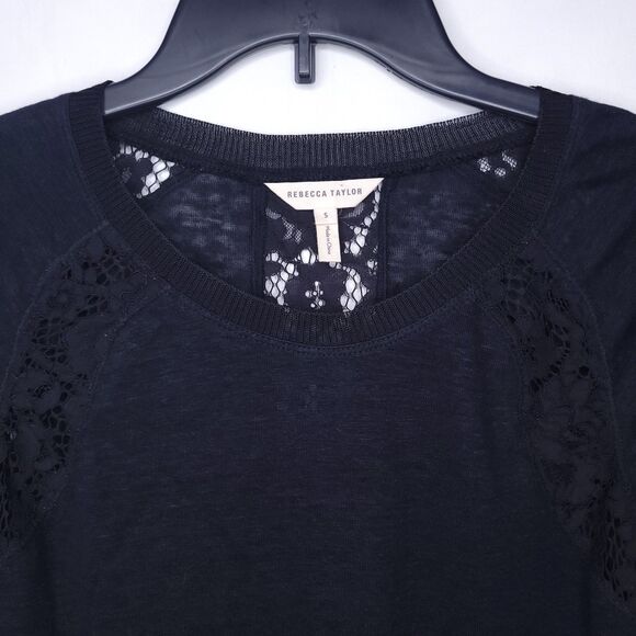 Rebecca Taylor Top Small Black Linen Lace Knit Floral - Picture 2 of 13